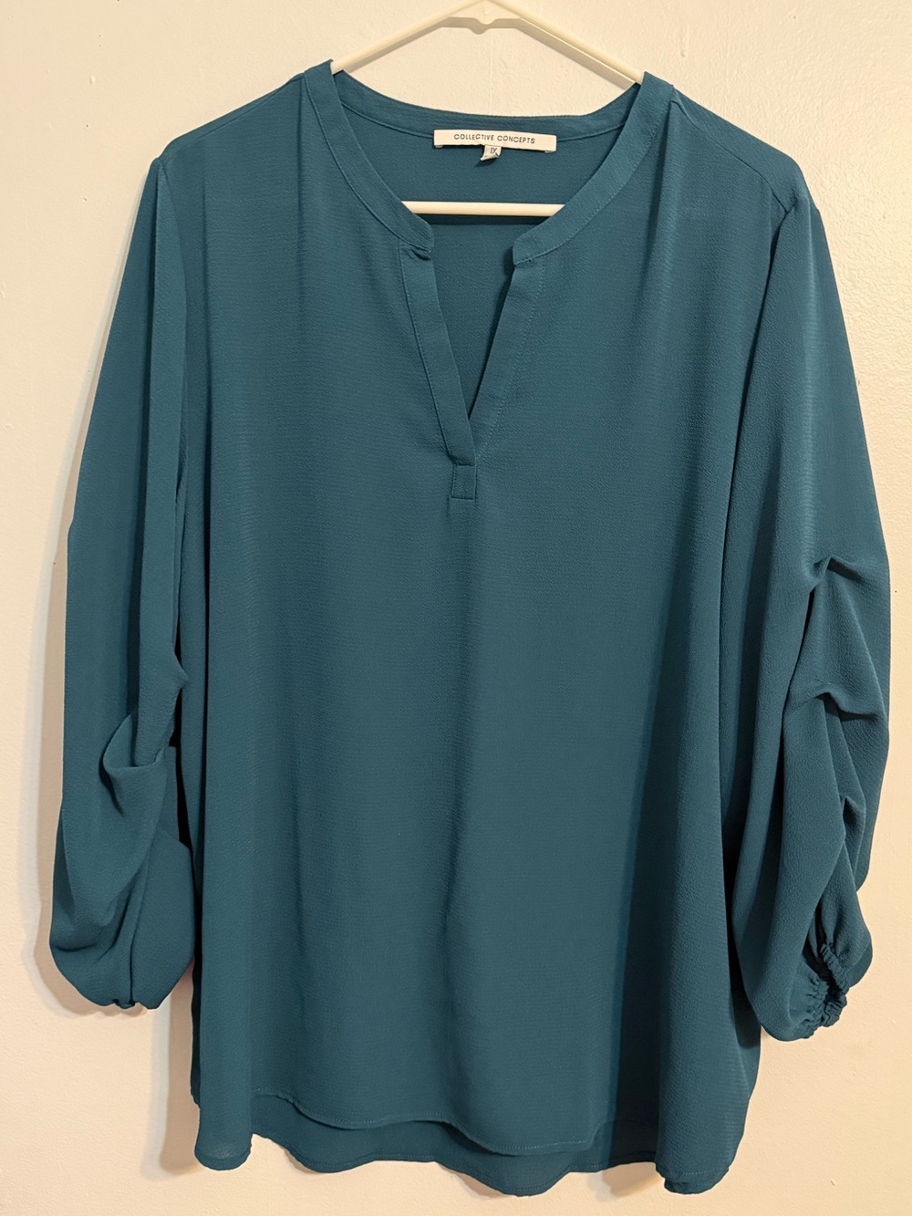Collective Concepts Teal Blouse 1X Split Neck Ruched Sleeve Business Casual Top